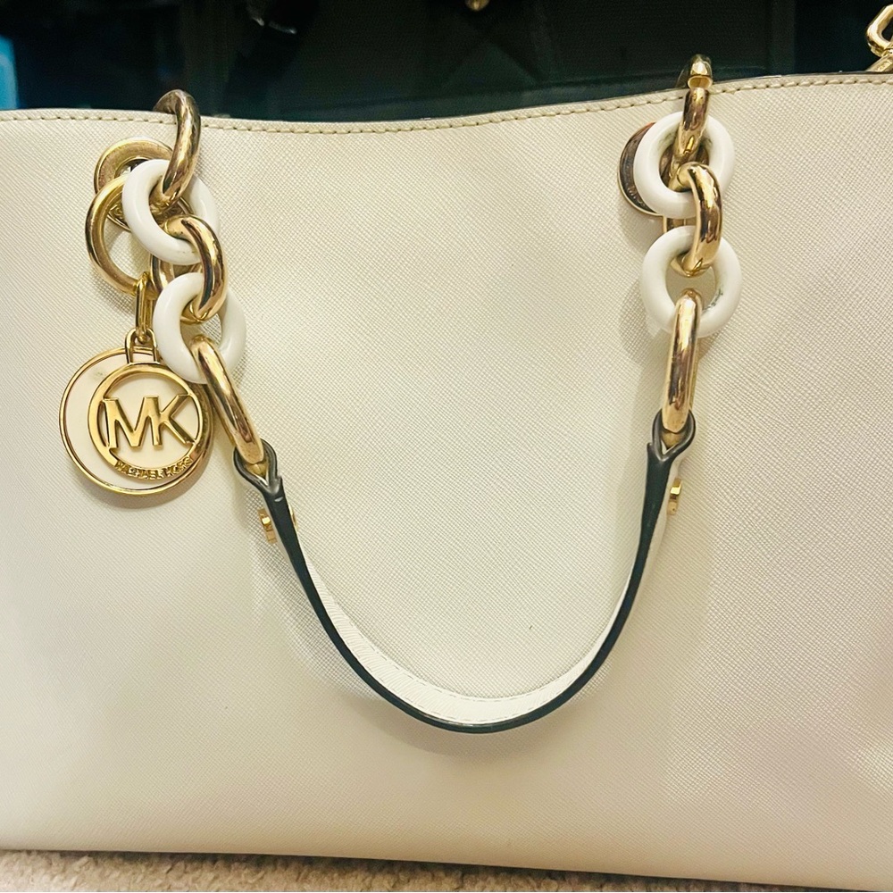 Michael Kors White and Gold Tote Bag with Chain Straps